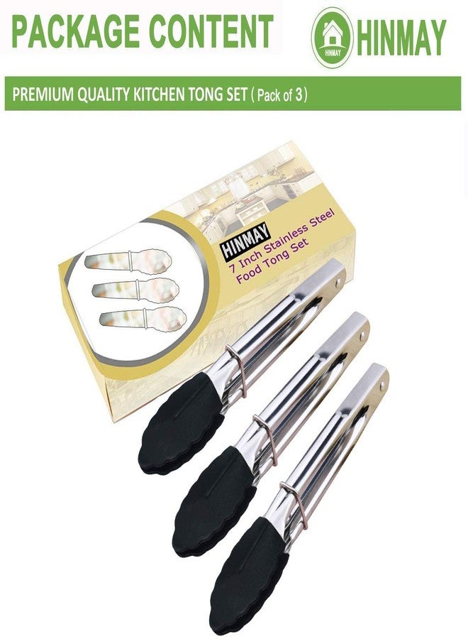 HINMAY Mini Tongs with Silicone Tips 7-Inch Kitchen Tongs, Set of 3 (Black) - Image 3